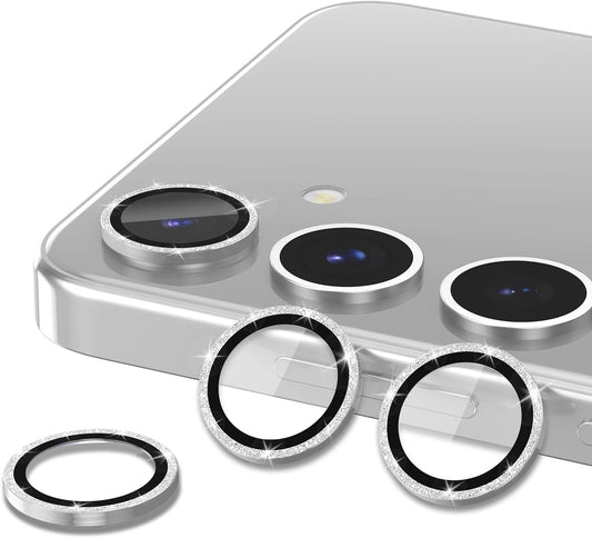 for Samsung Galaxy S25 Camera Lens Protector, Individual Metal Ring Tempered Glass Lens Cover, [Strong Adsorption] Scratch Resistant Ultra-Thin HD Clear Lens Cover, 1 Set-Silvery Sparkly