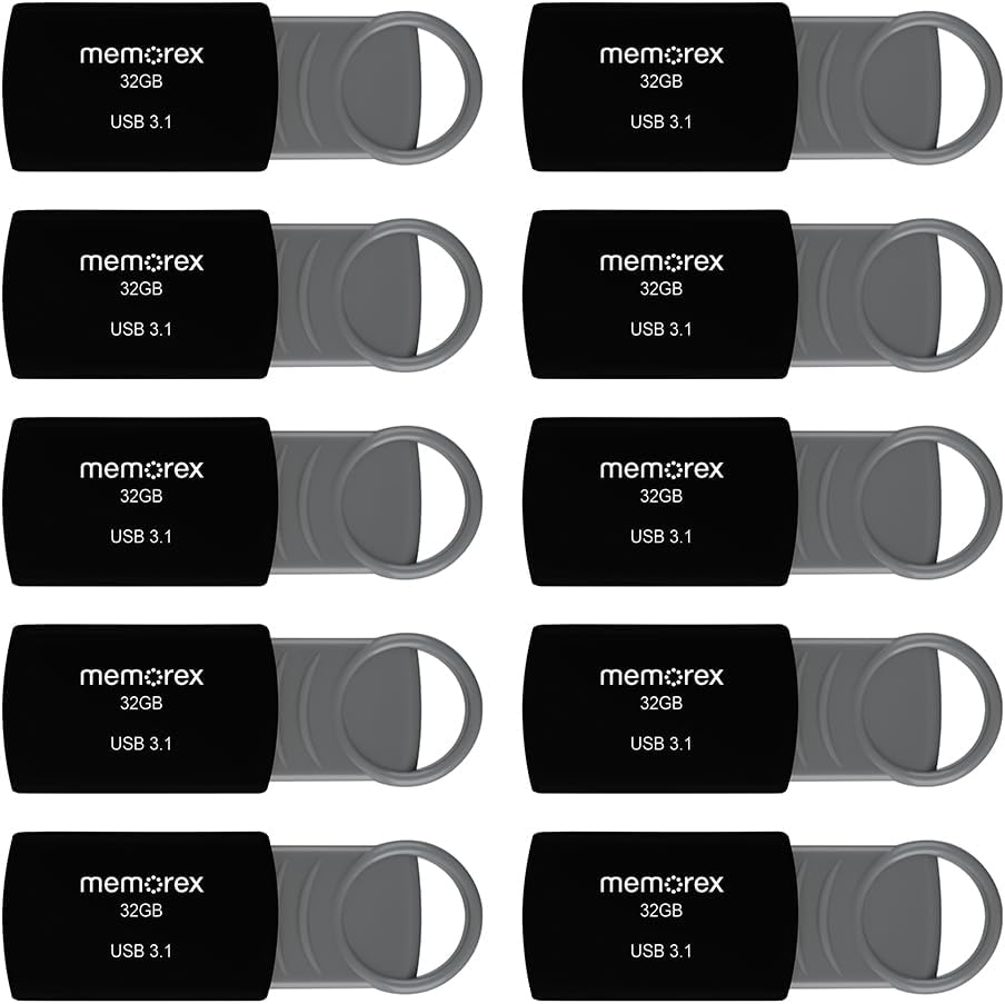 32GB Memorex USB 3.1 Flash Drive – Transfer Speeds Up to 10x Faster Than USB 2.0, Latest USB 3.1 Gen 1 Technology, Lightweight Design, for Daily File Management, Type-A Connector, 10-Pack