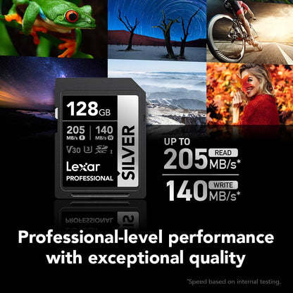 Lexar 128GB Professional Silver SD Card, UHS-I, C10, U3, V30, 4K, Up to 205/140 MB/s SDXC Memory Card, for Professional Photographer, Videographer, Enthusiast (LSDSILV128G-BNNNU)