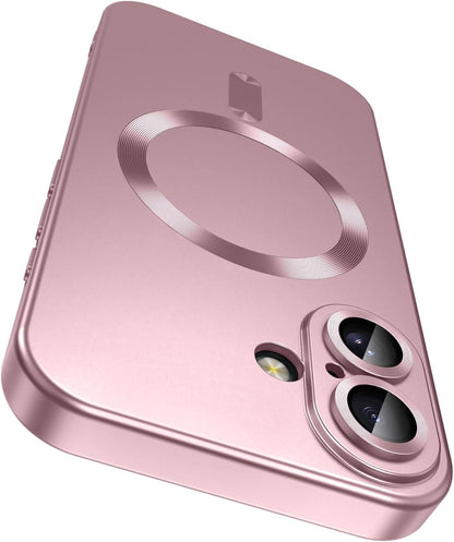 Magnetic for iPhone 16 Plus Case [Compatible with MagSafe][Built-in Camera Lens Protector] Slim Soft Silicone Bumper Shockproof Metallic Luster Phone Case (Rose Gold)