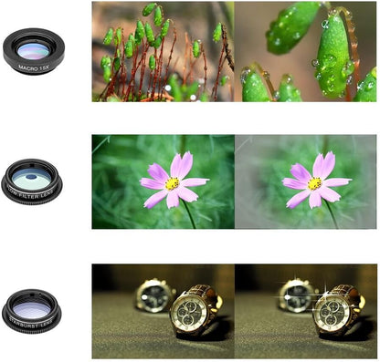Cell Phone Camera Lens Kit,11 in 1 Super Wide Angle+ Macro+ Fisheye Lens +Telephoto+ CPL+3/6 Kaleidoscope+Starburst/Radial/Soft/Flow Filter Lens Compatible for iPhone X/8/7/6s/6 Plus, Samsung,Android