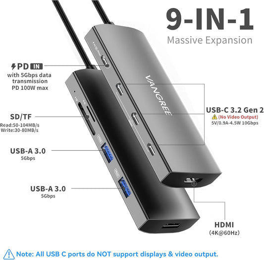 USB C to USB C Hub 10Gbps, 3 USB 3.2 Gen 2 Ports, 4K@60Hz HDMI, 100W PD, 2 USB 3.0 & SD/TF Card Reader, USBC Splitter Multiport Adapter for MacBook Pro/Air, iMac, iPad Pro(Not Support Type-C Monitor)