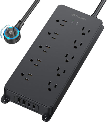 TROND Surge Protector Power Strip with 360° Rotating Flat Plug, 4000J, ETL Listed, 10 Widely Spaced Outlets, 2 USB A and 2 USB C, 5ft Extension Cord, Wall Mountable, for Home Office Garage, Black