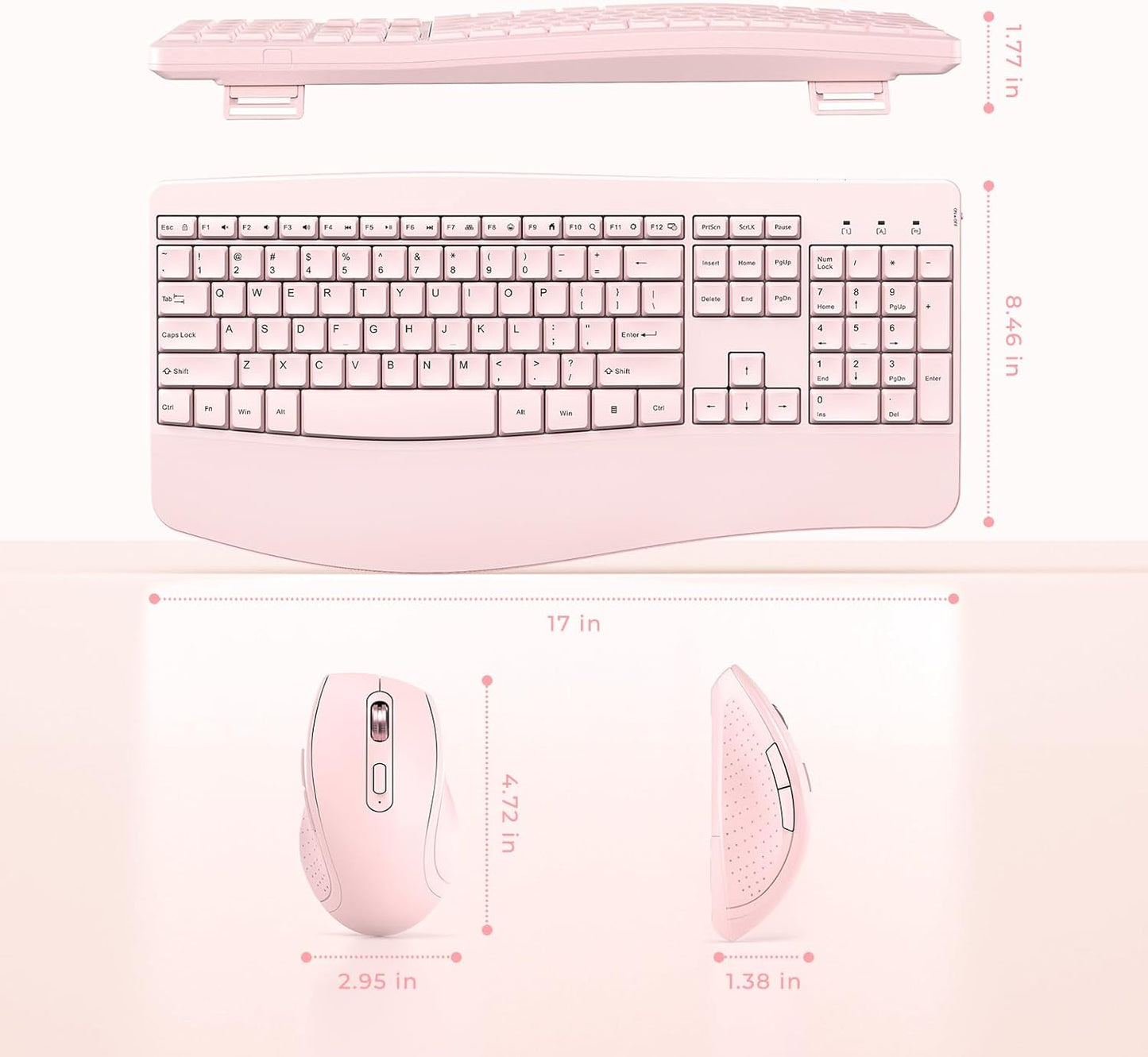Wireless Keyboard and Mouse - Full Size Ergonomic Keyboard with Palm Wrist Rest Ergonomic Mouse Cordless for Windows Computers Laptops - Light Pink (Upgrade)