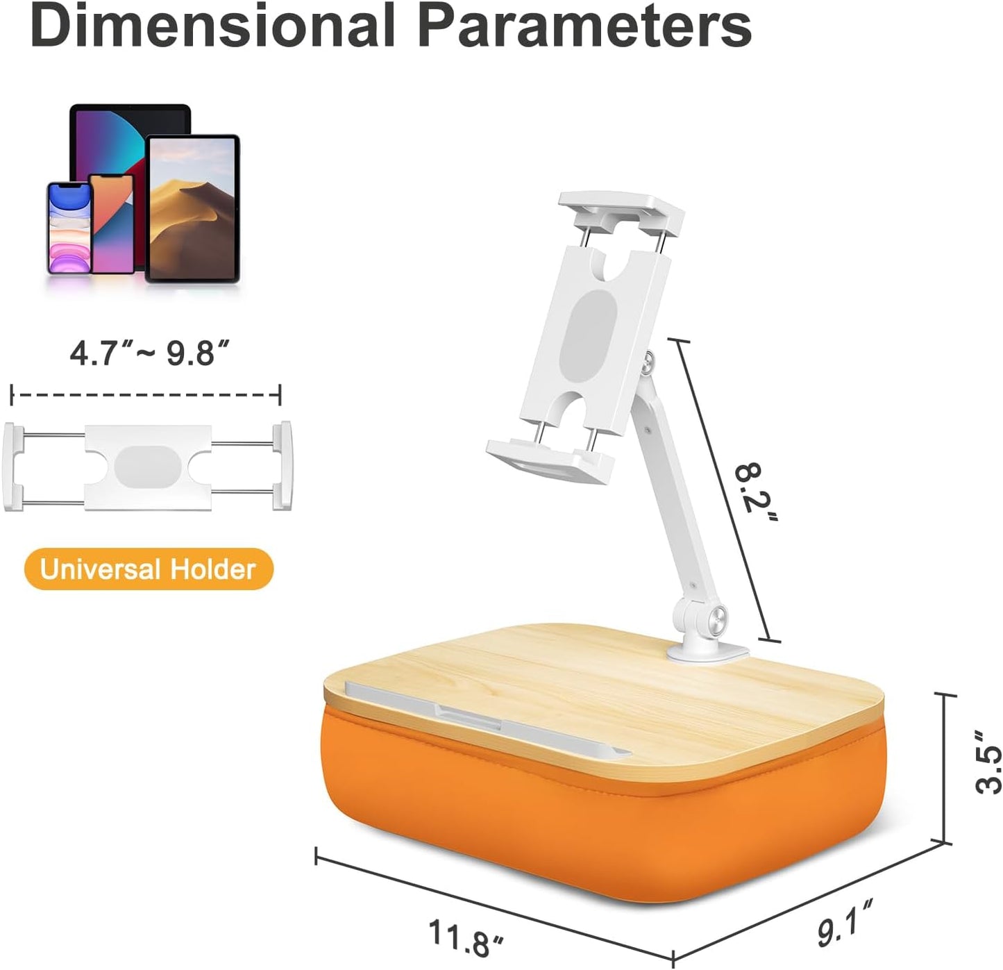 Lap Beanbag Cozy Kindle Pillow Stand for Bed with Adjustable Arm, 360° Tablet Holder, Fits 4.7"-13" Kindle, iPad, Phone, Lap Desk for Hands Free Reading in Bed, Couch, Sofa,Orange