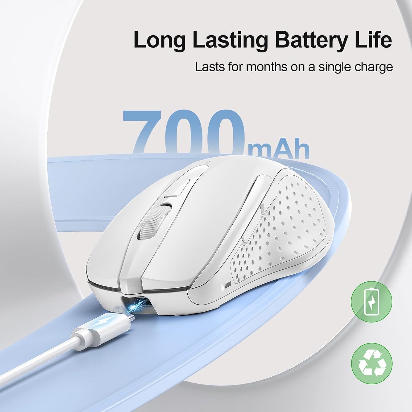 TECKNET Rechargeable Wireless Mouse, 2.4G Silent Mouse, Quiet Click, 6 Adjustable 4800 DPI, Cordless Computer Mouse, Ergonomic Mouse for Laptop, 6 Buttons USB Mouse for Chromebook, Ergo Grip - White