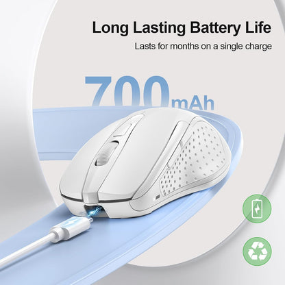 TECKNET Rechargeable Wireless Mouse, 2.4G Silent Mouse, Quiet Click, 6 Adjustable 4800 DPI, Cordless Computer Mouse, Ergonomic Mouse for Laptop, 6 Buttons USB Mouse for Chromebook, Ergo Grip - White