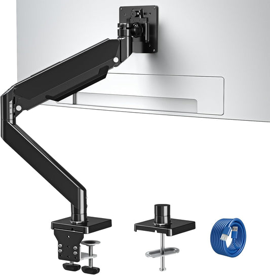 MOUNTUP Single Monitor Mount with USB Fits 42 40 35 32 27 24 Heavy Duty Widescreen, Gas Spring Monitors Stand for Desk, Holds 4.4-33 lbs Screen, Ultrawide Monitor Arm, VESA Mount Clamp/Grommet Base
