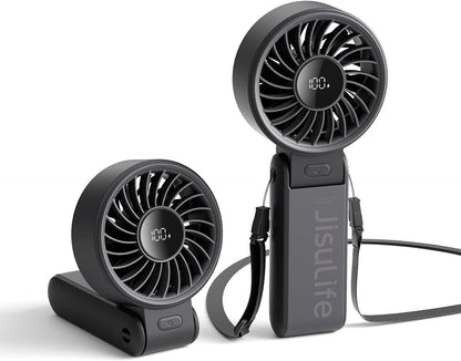JISULIFE Handheld Fan Life7 – Ultimate Flexibility: High-Power Motor, LED Display, 19.5 Hrs Cooling, 5000mAh Rechargeable, 5-Speed, Foldable Design, 3-IN-1 Portable Fan for Travel Cruise Beach(Black)