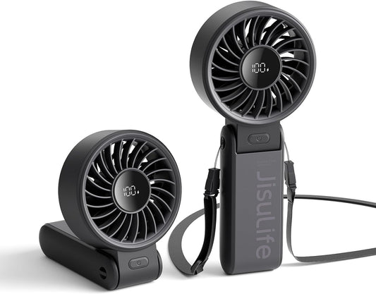 JISULIFE Handheld Fan Life7 – Ultimate Flexibility: High-Power Motor, LED Display, 19.5 Hrs Cooling, 5000mAh Rechargeable, 5-Speed, Foldable Design, 3-IN-1 Portable Fan for Travel Cruise Beach(Black)