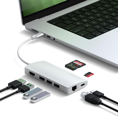 Satechi 8 in 1 USB C Hub Multiport Adapter V2, 4K HDMI, 115W USB C PD Charging, 3 USB-A, Ethernet, Micro/SD Card Readers, for Laptop, MacBook Pro/Air M4/M3/M2/M1, iPad, iPhone 16, Windows - Silver