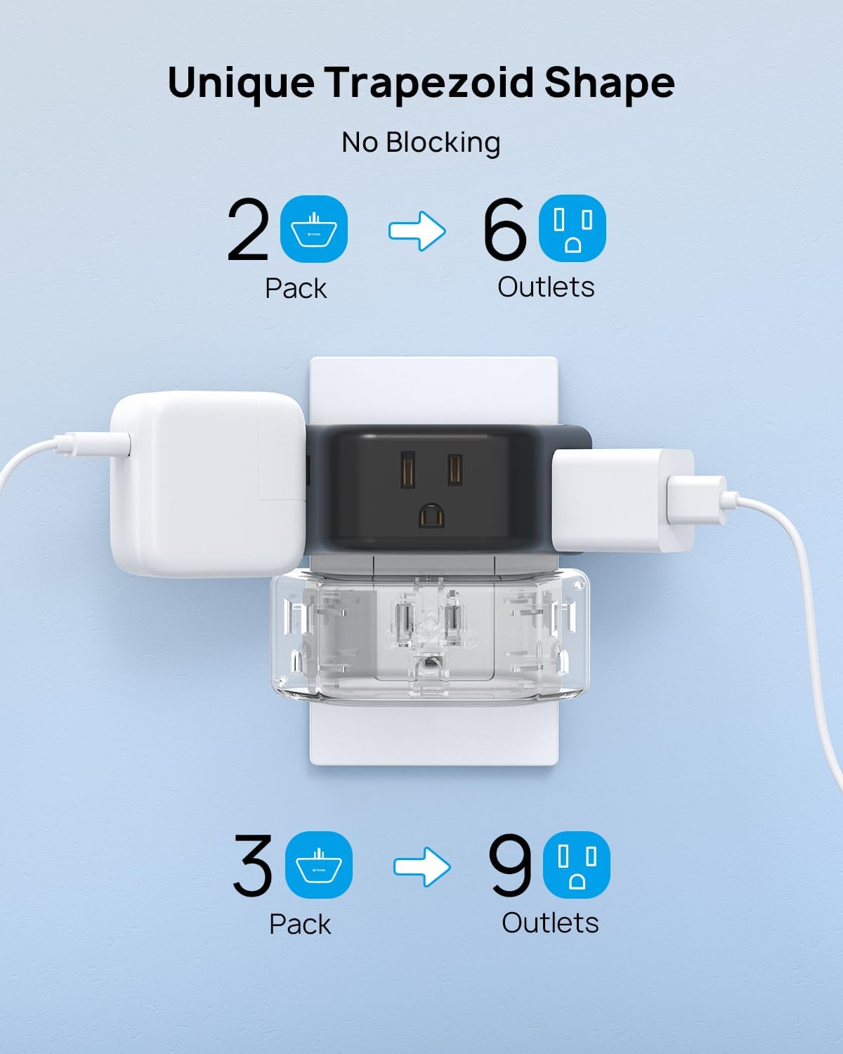 TROND Multi Plug Outlet 3 Pack - Wall Extender with 3-Prong Grounded Sockets, 3 Way Angled Outlet Adapter, Cruise Essentials, Expander for Travel, Home, Hotel, Dorm Room, Black