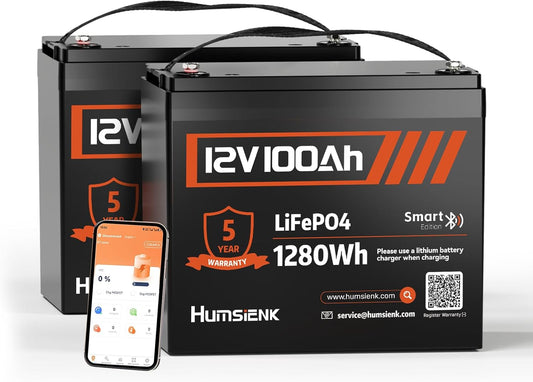 12V 100Ah LiFePO4 Lithium Battery with Bluetooth - 2PCS, BCI Group 24 15000+ Deep Cycle Battery, Built-in 100A BMS & Low-Temp Protection, for RV/Marine/Trolling Motor/Off-Grid/Home Backup
