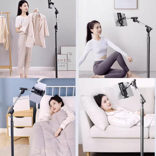 Tablet Floor Stand Holder, 360 Degree Rotating with Height Adjustable Stand Compatible with 4.7"-13" Phone/Tablet, Kindle, 63" Phone Stand, Aluminum Alloy, for Bed,Sofa,Desk（White）