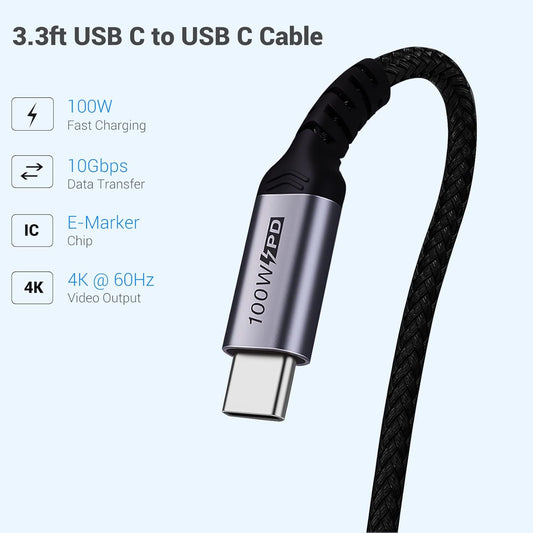 USB C to USB C Cable 3.1 Gen 2 [3.3ft 2 Packs], 100W USBC Cables PD Fast Charging Cable, SuperSpeed 10 Gbps 90 Degree 4K Monitor Video Output Data Cable Compatible for iPhone 15Pro/15ProMax