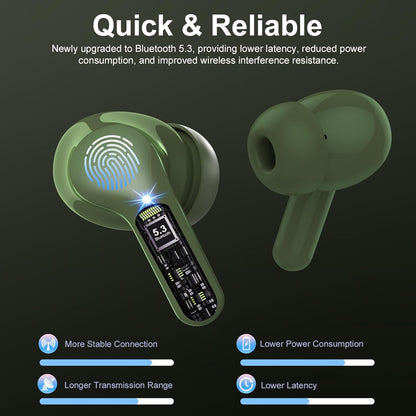 Wireless Earbuds, Bluetooth 5.4 Headphones HiFi Stereo, Bluetooth Earbuds with ENC Noise Cancelling Mic, IP7 Waterproof in Ear Earphones, 48H, LED Display Ear buds for Pad Workout Sports, Retro Green