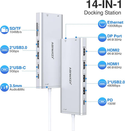USB C Hub USB-C Docking Station Dual Monitor 14 in 1 Triple Display Multiport Adapter with 2 HDMI+DP+7 USB Type C/A Ports+Ethernet+Audio, USBC Dongle for Dell/HP/Lenovo ThinkPad/Surface(Sliver)