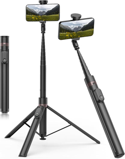 TONEOF 70" Automatic Phone Tripod with Magnetic Rechargable Remote,Selfie Stick 360° Vertical & Horizontal Rotatable,Stable for iPhone/Android(Black)