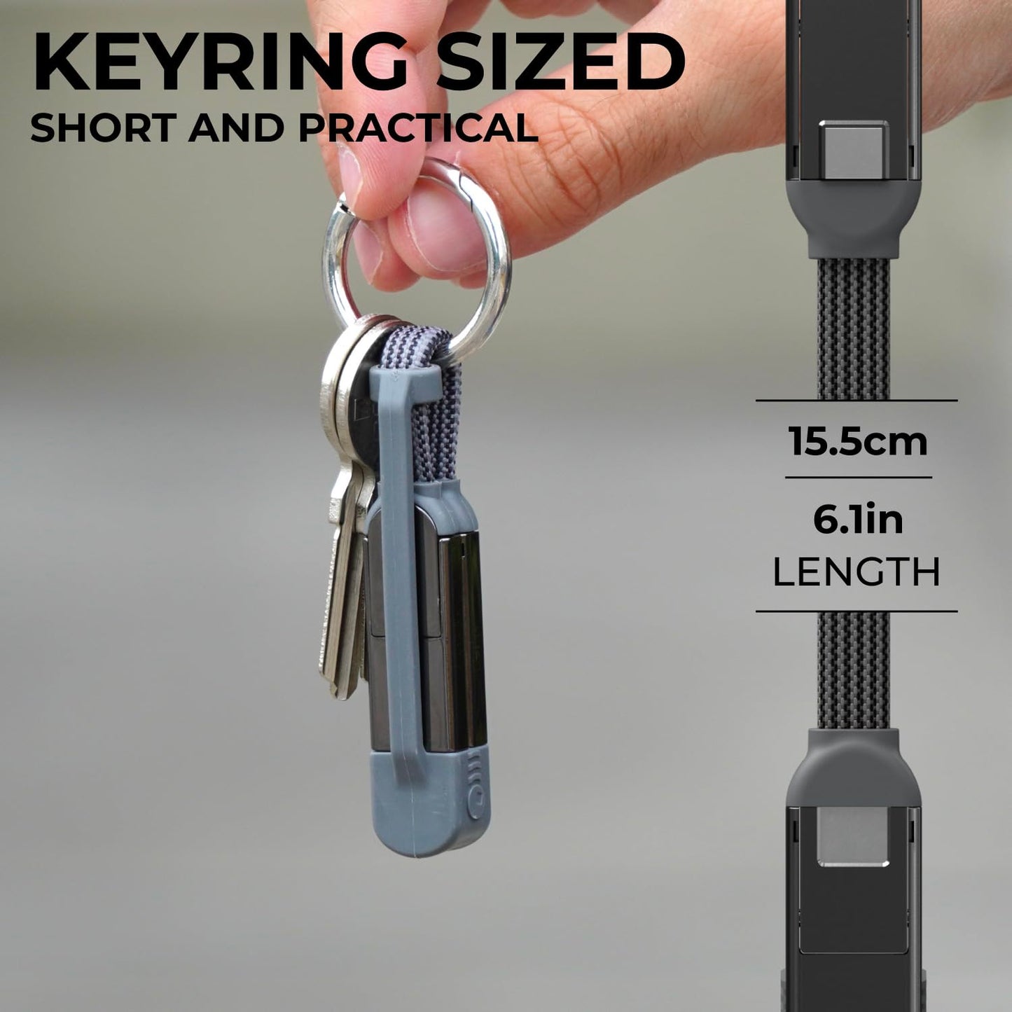 Rolling Square inCharge XS - 240W 4in1 Keyring Cable | Fast Charging & Data Transfer | Universal USB C/Lightning/USB Cable with Metal Housing | N52 Magnets | Eco-Friendly | Gray
