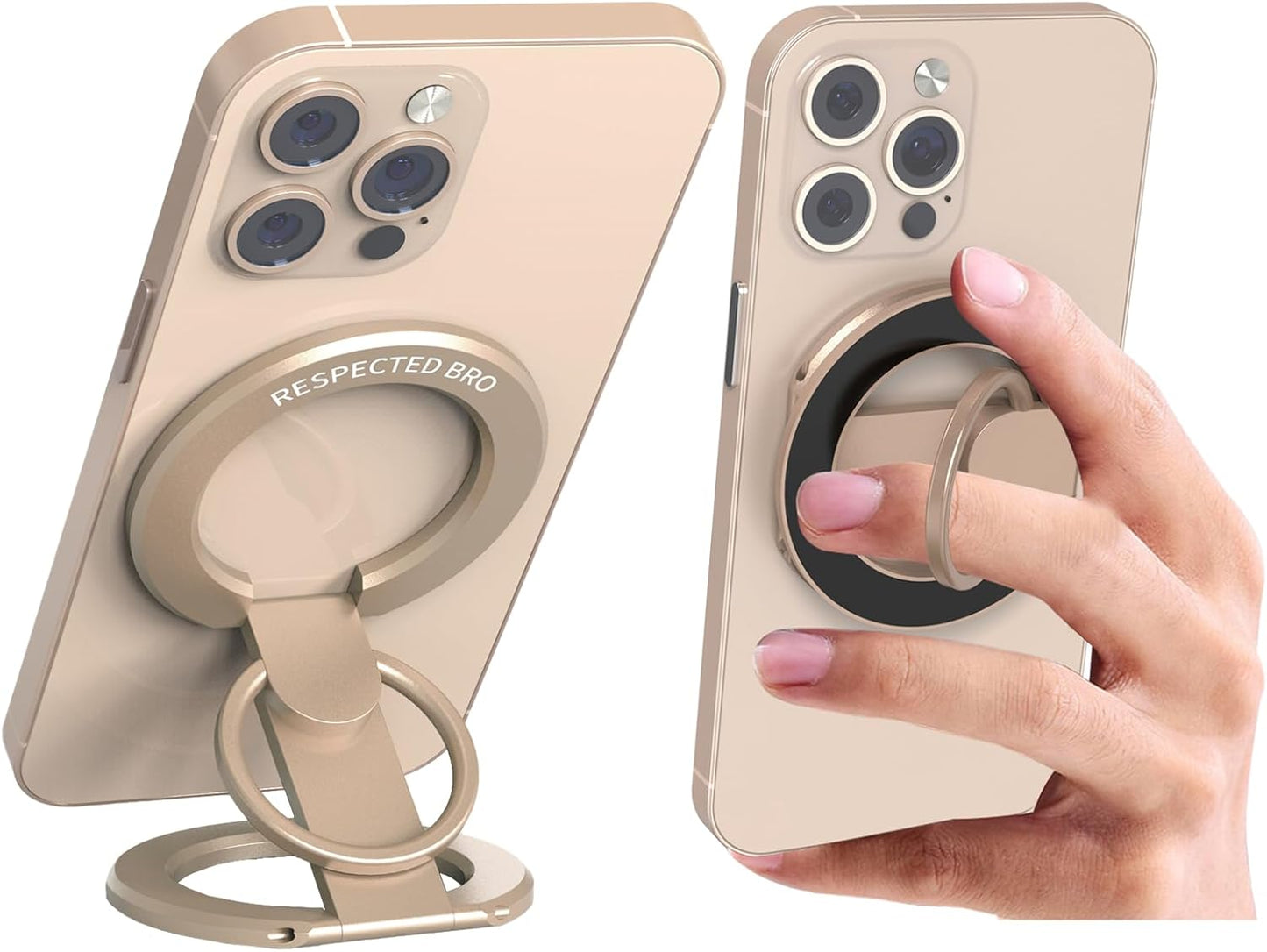 RESPECTED BRO-Magnetic-Phone-Ring-Holder with Dual Rings, Compatible with iPhone 16/15/14/13/12, Multifunctional Stand for Desk,Office,Gym,Kitchen & All Metal Surfaces, Finger Loop Grip (Desert Gold)