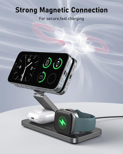 VBA 3 in 1 Wireless Charging Station for Apple MagSafe Charger,Foldable Fast Charging Magnetic Wireless Charger Stand,Travel Charger for iPhone 16 15 14 13 12,Apple Watch,AirPods Pro(Black)