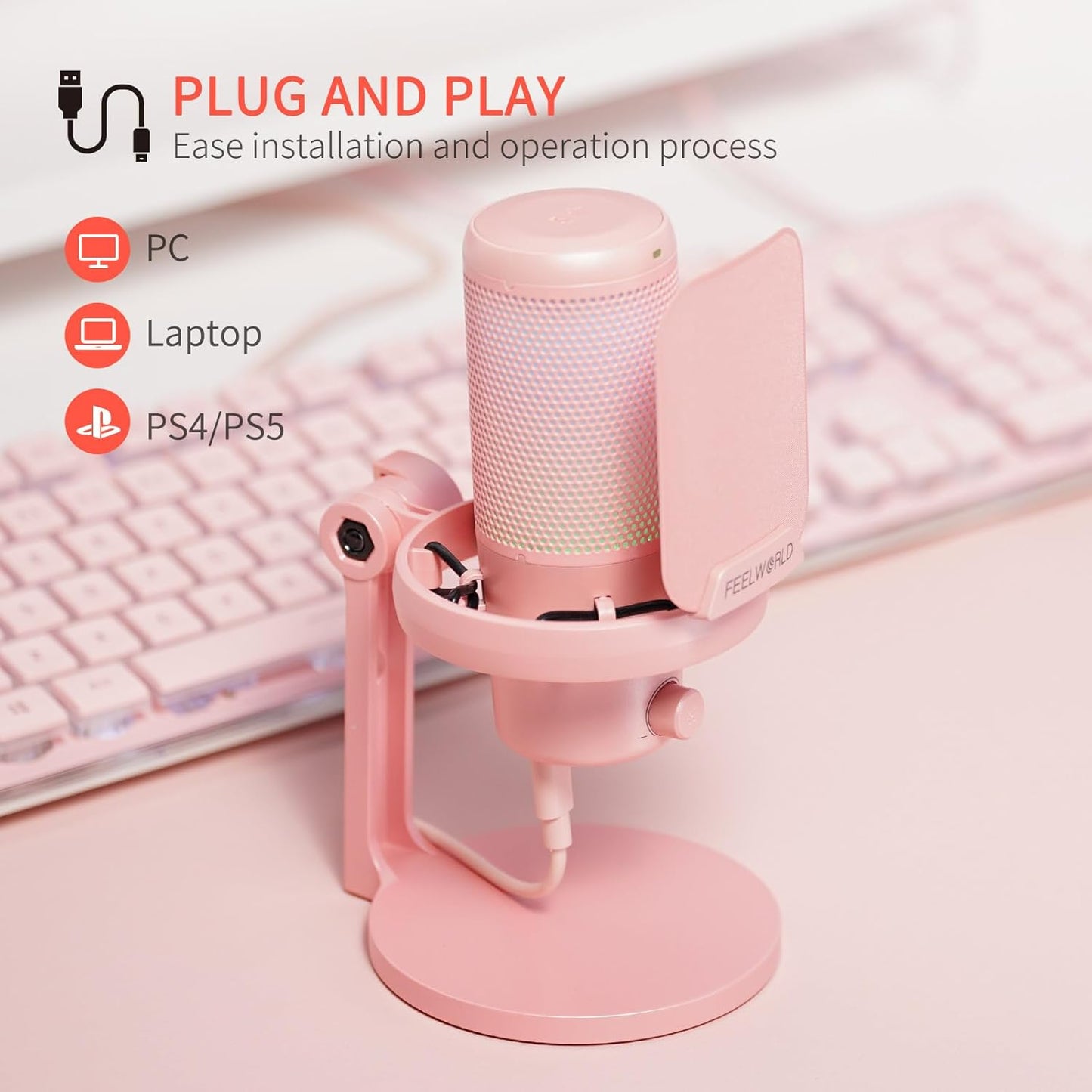 FEELWORLD VM1 Pink Gaming PC USB Microphone Condenser Mic with Noise Cancellation Mute RGB Light, Computer Accessories Gifts for Gamer YouTube Twitch Podcast Streaming Recording Online Chat PS4 PS5