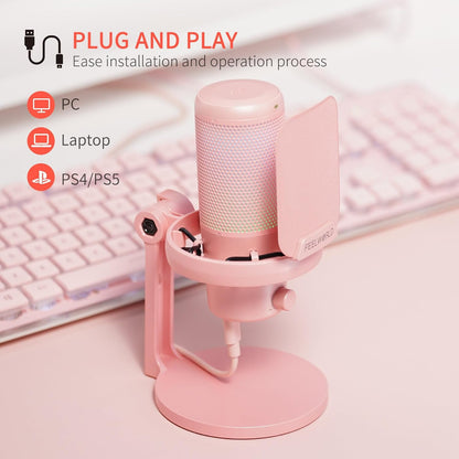 FEELWORLD VM1 Pink Gaming PC USB Microphone Condenser Mic with Noise Cancellation Mute RGB Light, Computer Accessories Gifts for Gamer YouTube Twitch Podcast Streaming Recording Online Chat PS4 PS5