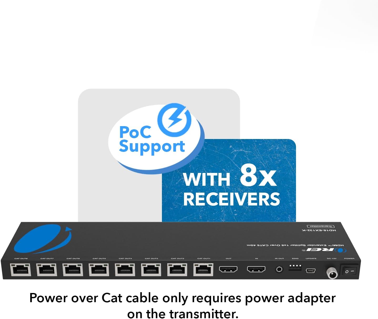 OREI HDMI Extender Splitter 1 in 8 Out Over CAT6/7 Cable 4K@30Hz with EDID Management - Up to 132 Ft - Loop Out - IR Control - Low Latency