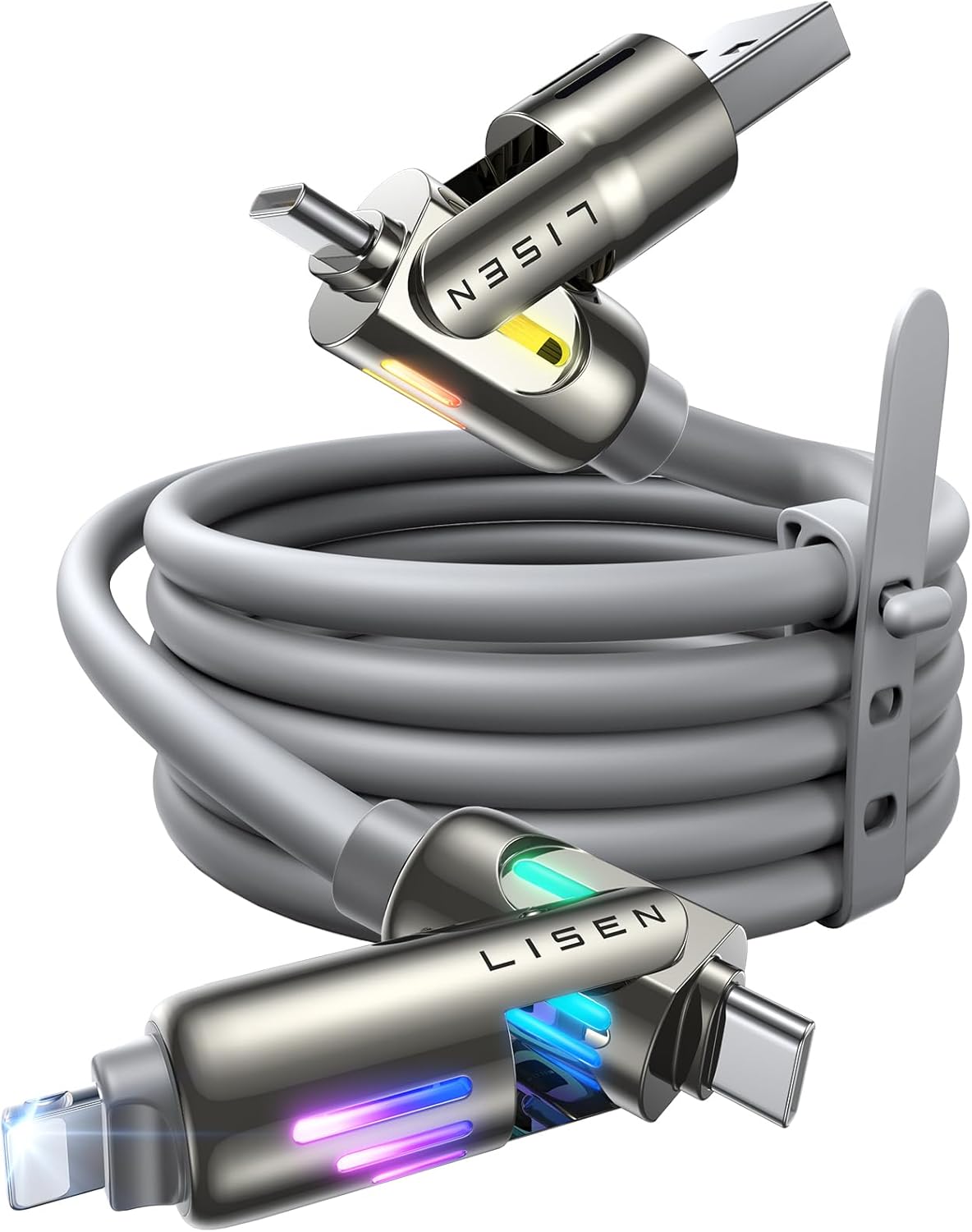 LISEN Car Carplay Cable for iPhone 15/16e/16 Pro Max/Plus(3.3FT), 4 in 1 Chubby USB C with Light, USB A/C to C/L Multi Charging Cable for 14 13 12/MacBook/iPad Pro/SamSungS25,Grey