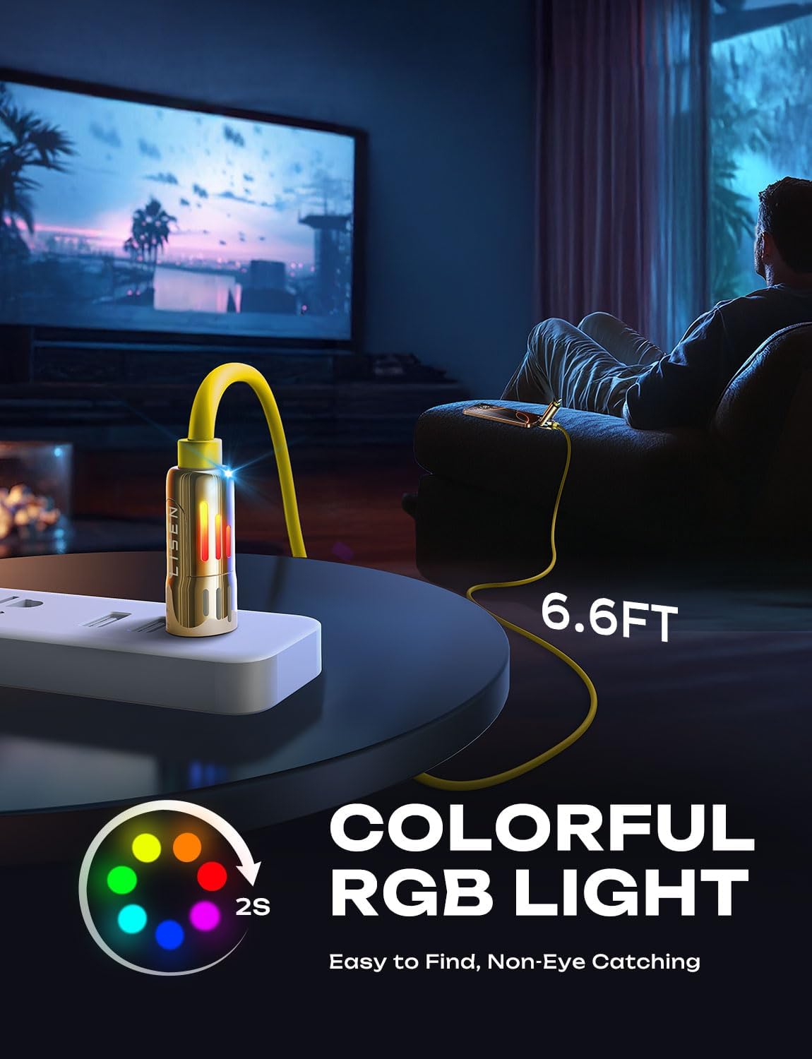 LISEN 6.6FT 240W 4-in-1 Multi Charging Cable, USB A/C to C/L, Yellow, for iPhone 16/15/14 Pro Max/MacBook/iPad Pro/Samsung Galaxy