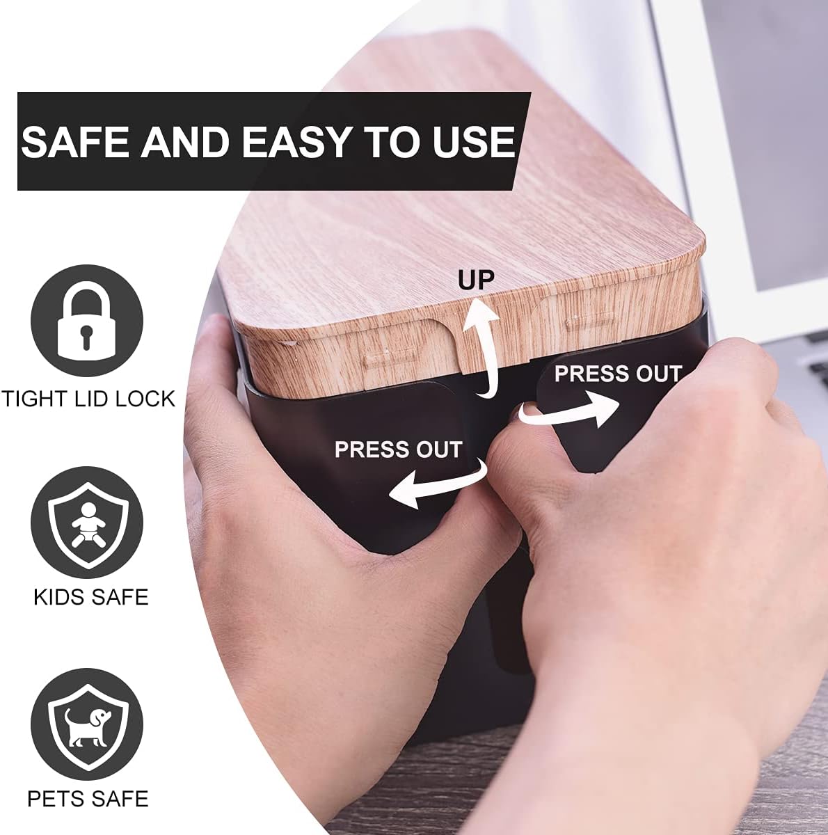 3 Pack Cable Management Box with 18 PCS Cable Management Set - Large & Medium & Small Wooden Grain Cable Organizer Box to Hide Wires & Power Strips | TV Cord Organizer Box | for Home & Office(Black)