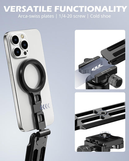UBeesize 2-in-1 Magnetic Phone Tripod for iPhone–MagSafe Mini Stand & Universal Tripod Mount, Foldable Pocket Aluminum Phone Holder for iPhone 16/15/14/13/12 Series, Desktop & Travel Use