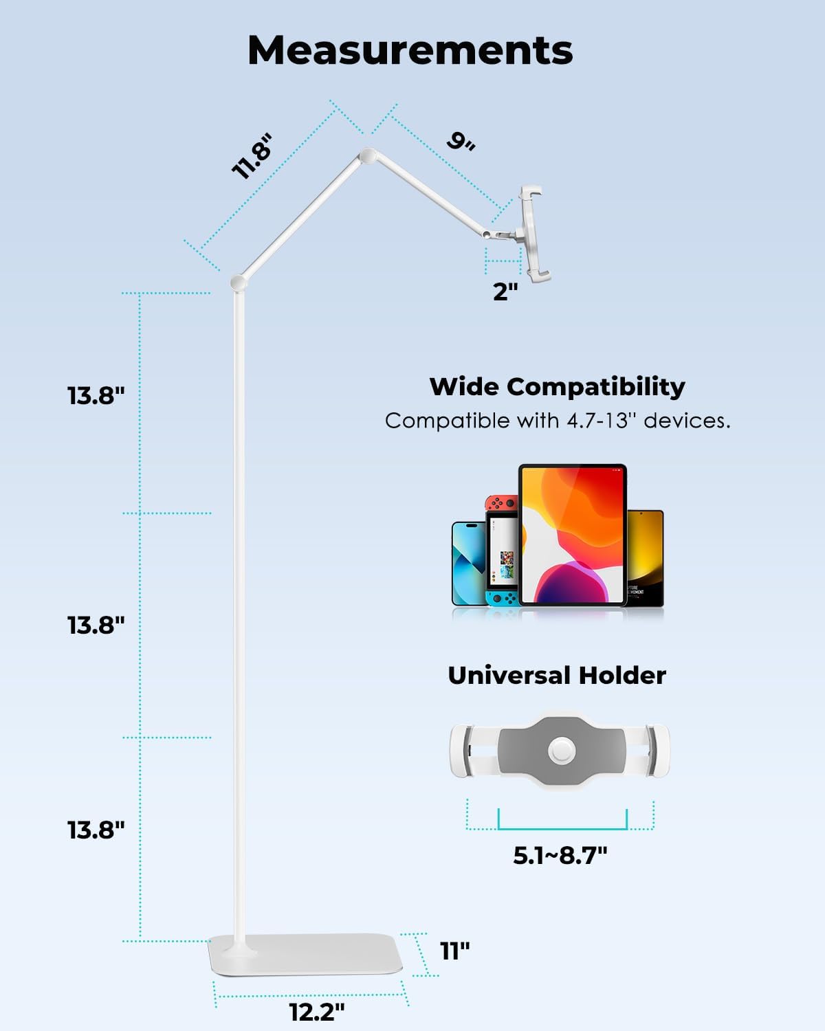 Viozon Tablet Floor Stand Holder, Compatible with 4.7"-13" Phone/Tablet, iPhone 15 Plus/Pro Max iPad,Kindle, 68" Phone Stand, Aluminum Alloy, Universal 360° Rotatable,for Bed,Sofa,Desk,White
