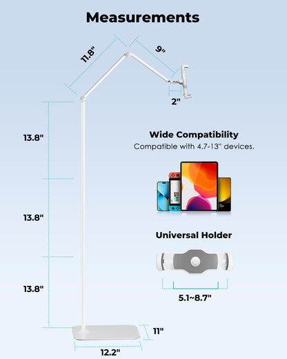 Viozon Tablet Floor Stand Holder, Compatible with 4.7"-13" Phone/Tablet, iPhone 15 Plus/Pro Max iPad,Kindle, 68" Phone Stand, Aluminum Alloy, Universal 360° Rotatable,for Bed,Sofa,Desk,White
