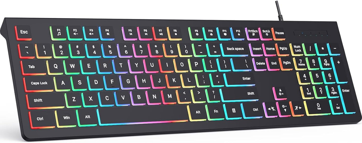 Wired Backlit Keyboard, Lighted Computer Keyboard with 8° Adjustable Stand, Ergonomic Design, Spill-Proof Keys, 5ft Cable, Compatible with Windows & Mac