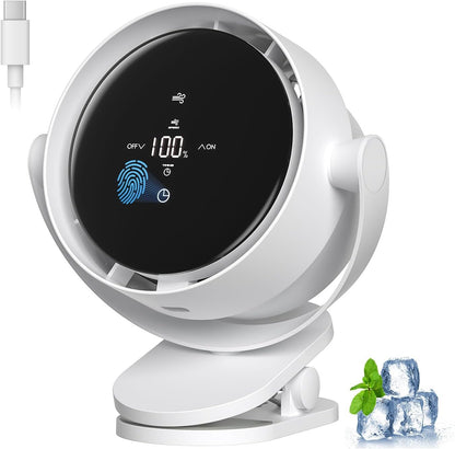 Portable Desk Fan, Clip-On Rechargeable USB Fan with 100-Level Precision Control & LED Touch, 360° Rotation, Ideal for Stroller, Office, Bedroom, Kitchen, Camping – White, 7-inch