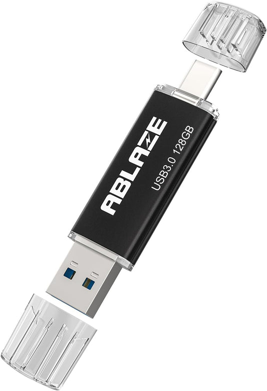 ABLAZE Type C Flash Drive 128GB, Dual USB 3.0+ USB C Flash Drive Compatible with iPhone 16/15,Android Smartphone,Computer,Tablet Mac Laptop
