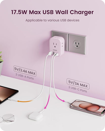 LENCENT Multi Plug Outlet Extender with USB C, 4 AC Electrical Outlet Expander with 4 USB Charger Cube, Small Multiple Wall Tap Plug Splitter for Home Office Travel Cruise Dorm Essentials- Pink