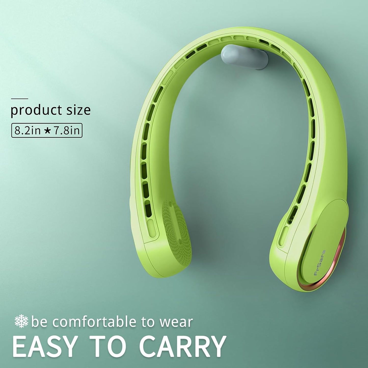 FrSara Bladeless Portable Neck Fan, 5200mAh, 3-Speed, 360° Surround Wind, Ultra-Quiet, USB Rechargeable, Wearable Portable Fan, Avocado Green