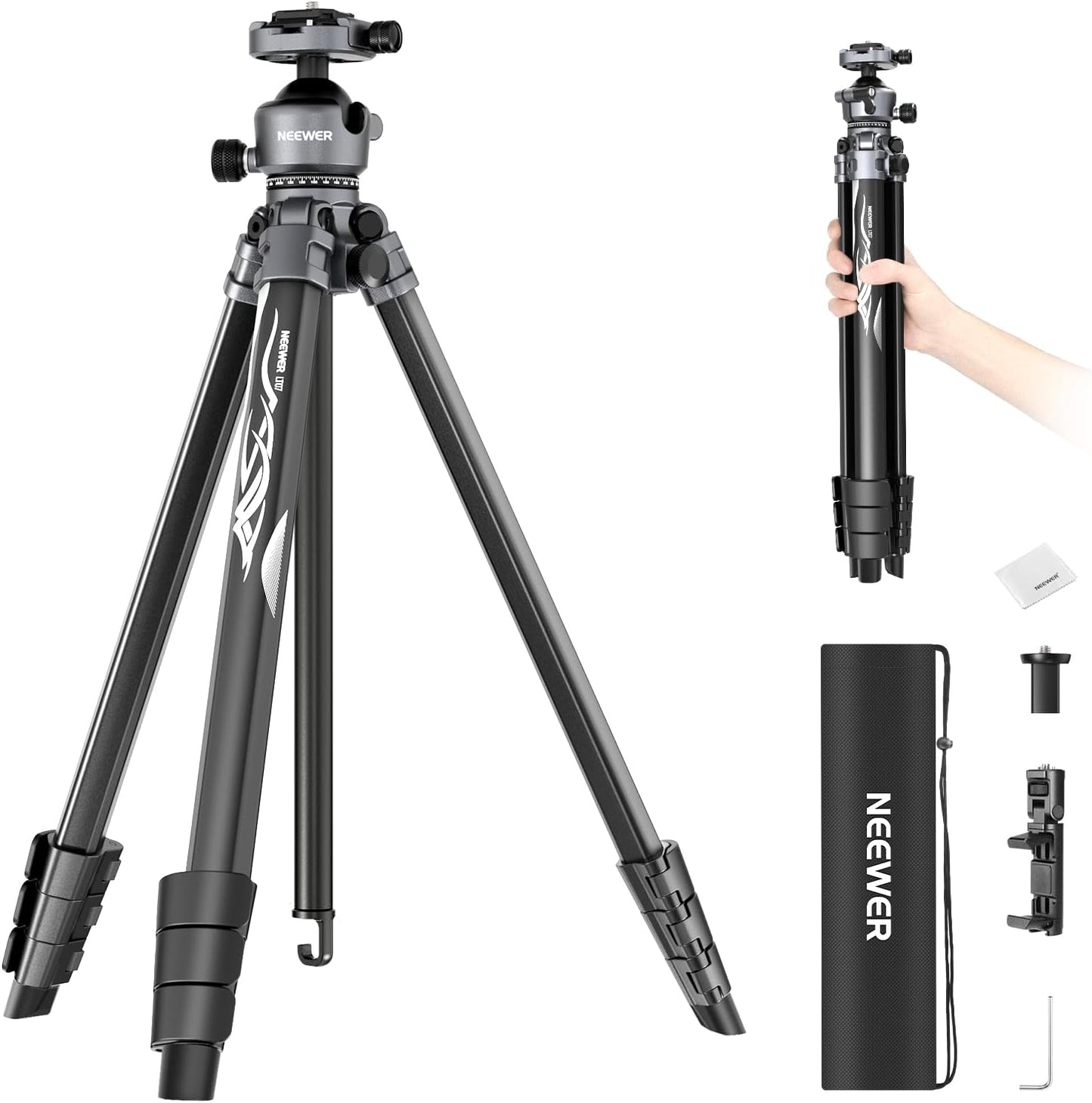 NEEWER LITETRIP LT07 61" Aluminum Travel Camera Tripod, Portable Stand with Ball Head Dual Axis Cell Phone Holder Arca QR Plate Compatible with iPhone Peak Design V3 for Video Recording, Max Load 22lb