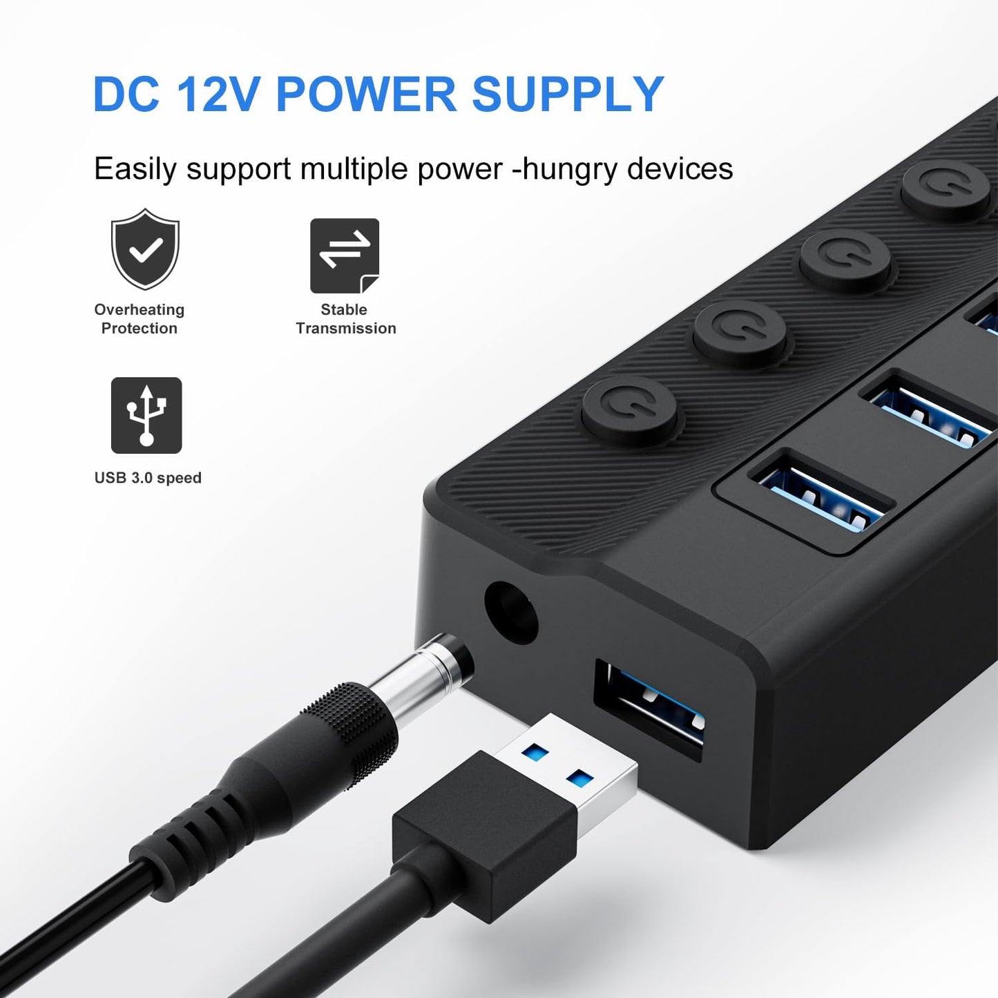 Powered USB Hub 3.0, 10-Port USB Splitter Hub with Individual On/Off Switches and 12V/2A Power Adapter USB Extension