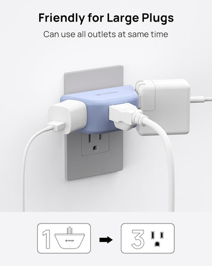 TROND Outlet Extender, 3 Way Angled Wall Plug Splitter, 3-Prong Grounded Outlet Adapter, Cruise Essentials, Compact and Practical Plug Expander for Home Decoration Travel Essentials, Blue