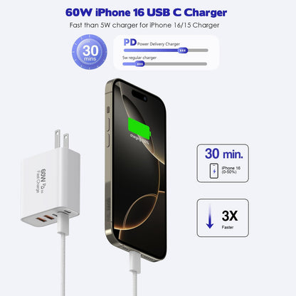iPhone 16 Fast Charger Block, 2 Pack 60W USB Charging Block 5-Port Charge Adapter for Apple iPhone Charger with 6FT USB C Woven Fast Charging Cable for iPhone16/16e/16 Pro/15Pro Max, iPad Pro/Air/Mini