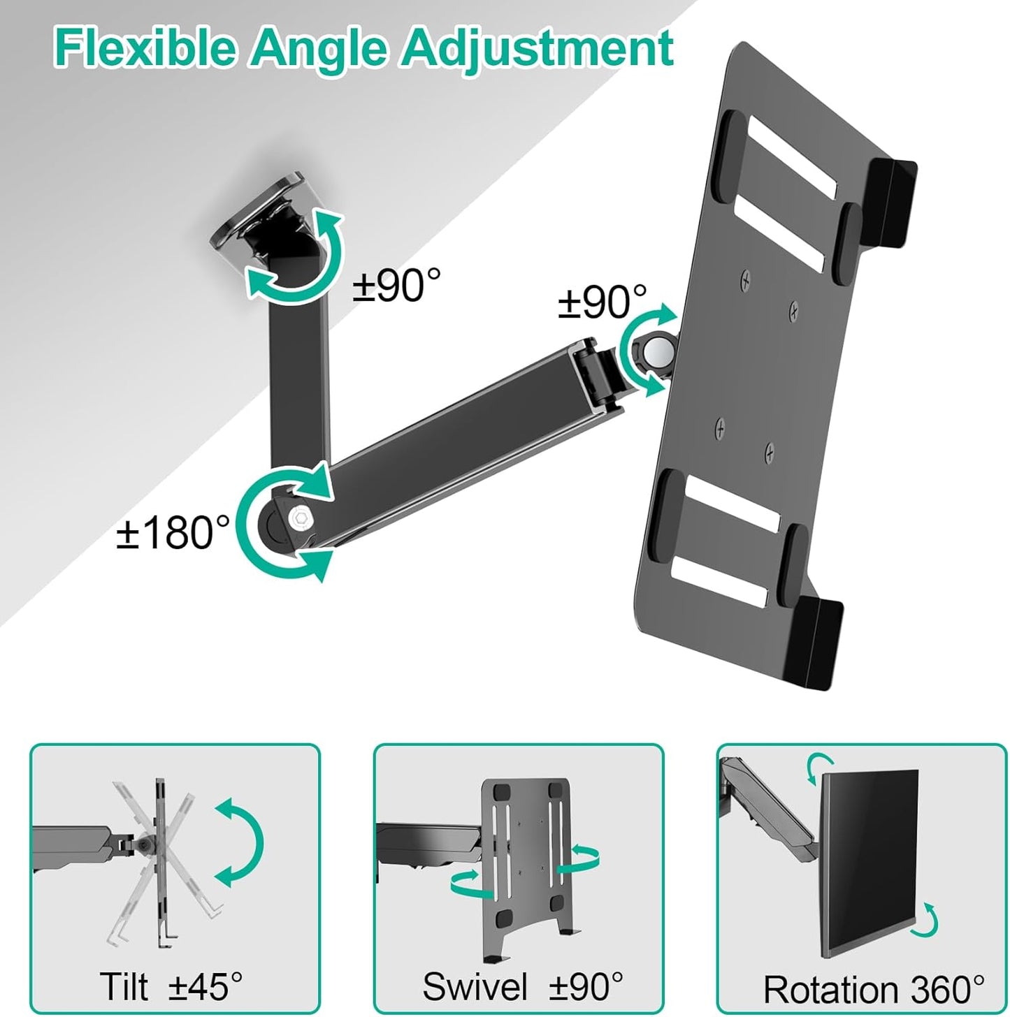 Laptop Wall Mount, 2-in-1 Gas Spring Wall Holder with Vented Tray for 12"-17" Notebook/13-32 Computer Screen, Full Motion Adjustable Wall Mount Laptop Stand Holds 3.3-17.6lbs
