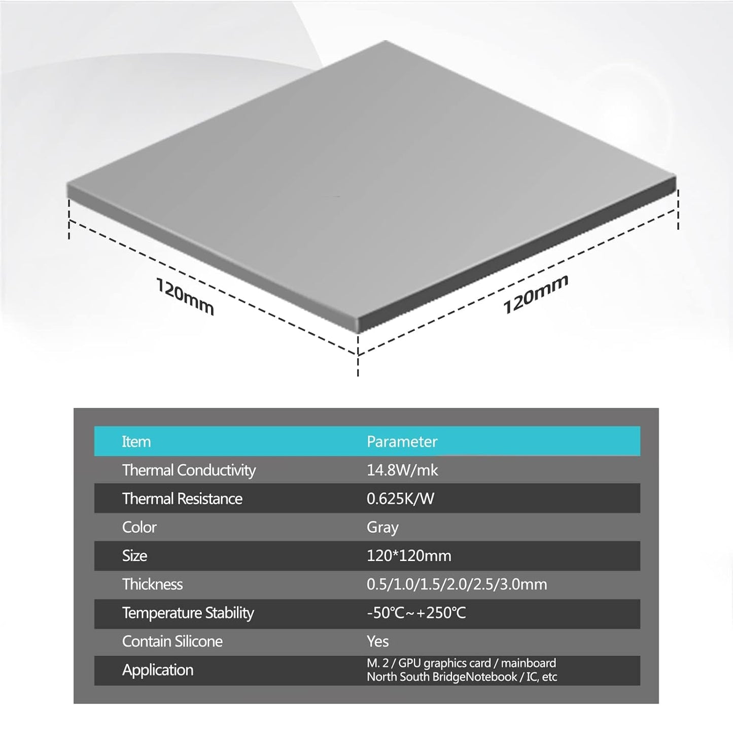 Silicone Thermal Pads 14.8 W/mK, 120x120x1.0mm (1 pcs) Non Conductive Heatsink Cooling Pads for Laptop Heatsink/SSD/CPU/IC/LED Cooler