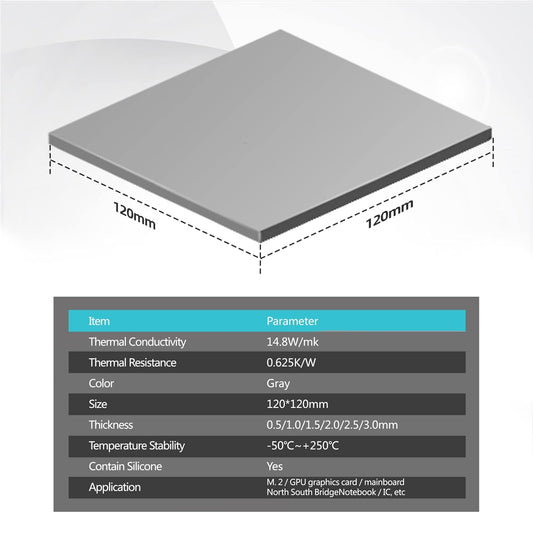 Silicone Thermal Pads 14.8 W/mK, 120x120x1.0mm (1 pcs) Non Conductive Heatsink Cooling Pads for Laptop Heatsink/SSD/CPU/IC/LED Cooler