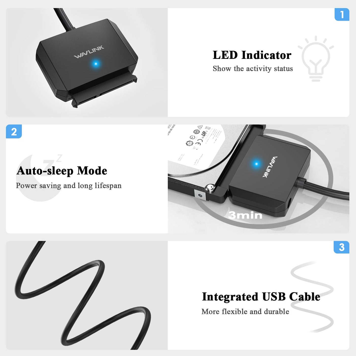 WAVLINK SATA to USB Type-A Hard Drive Cable, 5Gbps USB3.0, Supports UASP, External Hard Drive SATA I/II/III Connector, 2.5" SSD/HDD and 3.5" HDD up to 20TB, Power Adapter Included
