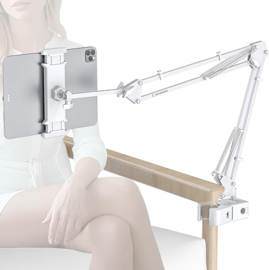 Tablet Stand, Tablet Mount Adjustable with Clamp for Round tube, Universal Flexible Tablet Holder with 360 Degree Rotation for iPad/iPhone/iPad Pro/N-Switch,or Other 4.5~13.5 Inches Devices (White)