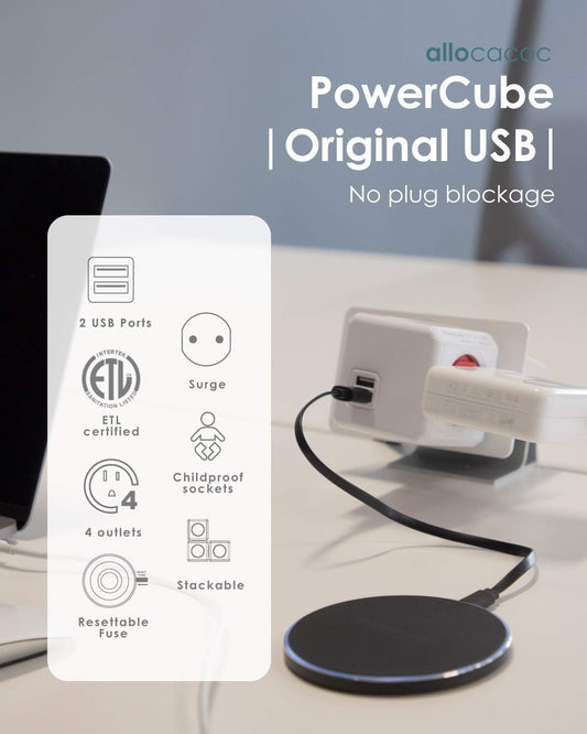 Allocacoc PowerCube Original USB; 4 Outlets Surge Protector 2 USBs Cubic Multi Socket Extender Power Tab Space Saving Compact No Blockage Dorm Home Office125V 15A 1875W Max Grey