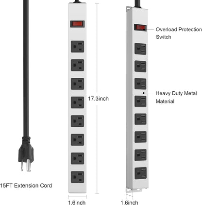 JUNNUJ Metal 8 Outlet Power Strip, Mountable Heavy Duty Power Strip, 1200J Surge Protector Wall Mount Screws Outlet with Switch, Gaming Desk Strips Wide Spaced 15A 125V 1875W, 15 FT 14AWG Power Cord